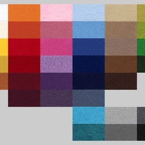 May include: A color chart with 30 different fabric swatches. The swatches are arranged in rows and columns, and they include a variety of colors, including white, yellow, red, blue, green, brown, and black.