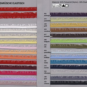 Könnte beinhalten: Eine Auswahl an gerüschten elastischen Borten in verschiedenen Farben, darunter Rot, Weiß, Gelb, Rosa, Orange und Lila. Das Bild enthält den Text "ORGANZARÜSCHE ELASTISCH" und "Material: 82% Polyamid (Nylon), 18% Elasthan."