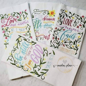 Floral scripture tea towels/Embroidered/biblical kitchen decor/hand towels with bible verses/Christian kitchen towel for lady/randas place
