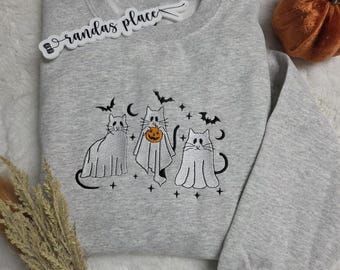 Sudadera de Halloween con gato fantasma bordado - Cuello redondo de otoño espeluznante
