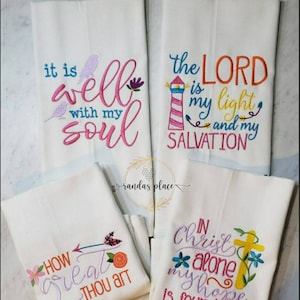 Spiritual biblical embroidered tea towels/bible verse hand towel/scripture dish towel/biblical bathroom and kitchen decor/well with my soul