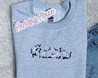 Sudadera con bordado de gato fantasma - Camiseta de Halloween espeluznante