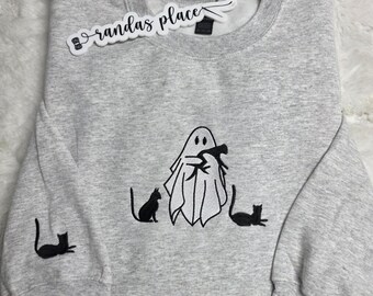 Sudadera de Halloween con fantasma de gato: suéter acogedor bordado para otoño