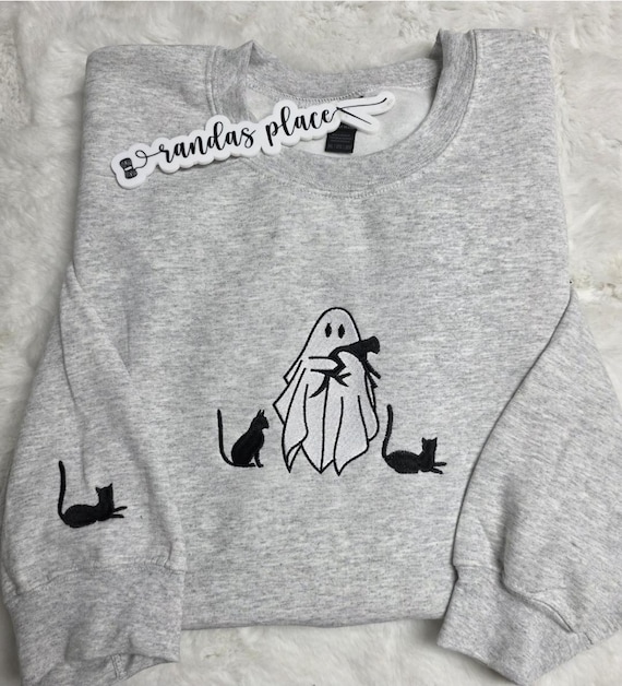 Cat Ghost Halloween Sweatshirt: Embroidered Cozy Fall Pullover