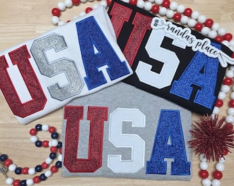 Camiseta bordada USA Sparkle, camiseta patriótica con purpurina, camiseta del 4 de julio, camiseta roja, blanca y azul, camiseta bordada universitaria de EE. UU.