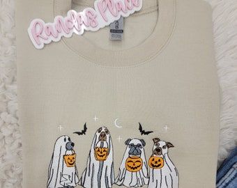 Sudadera de Halloween con perro fantasma bordado, camiseta de otoño espeluznante