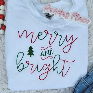 Embroidered merry and bright crewneck/christmas sweatshirt/christmas shirt for women/christmas party sweater/merry script top/cute shirt