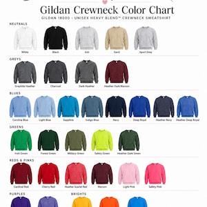 May include: Color chart for Gildan 18000 unisex heavy blend crewneck sweatshirts. The chart displays a variety of colors, including neutrals like white and black, greys, blues, greens, reds, pinks, purples, and brights. Text at the top reads "randas place".