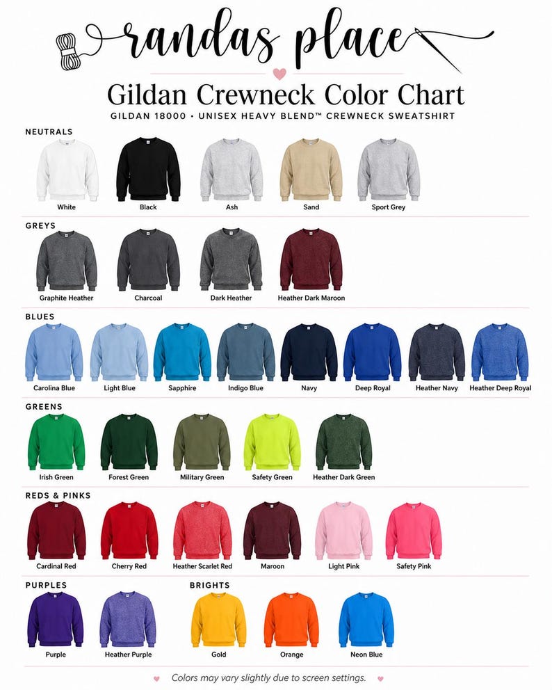 May include: Color chart for Gildan 18000 unisex heavy blend crewneck sweatshirts. The chart displays a variety of colors, including neutrals like white and black, greys, blues, greens, reds, pinks, purples, and brights. Text at the top reads "randas place".