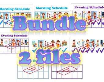 Puede incluir: Un paquete de dos archivos con horarios de mañana y tarde. Los gráficos tienen ilustraciones de actividades diarias con casillas de verificación. Las palabras "Bundle" y "2 files" se muestran en la imagen.