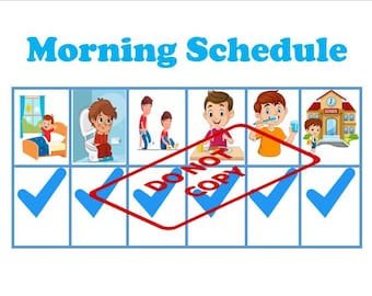 Puede incluir: Un gráfico colorido con el título "Morning Schedule" que muestra una serie de imágenes que representan la rutina matutina de un niño, incluyendo despertarse, vestirse, cepillarse los dientes e ir a la escuela. Cada imagen tiene una marca de verificación azul junto a ella.