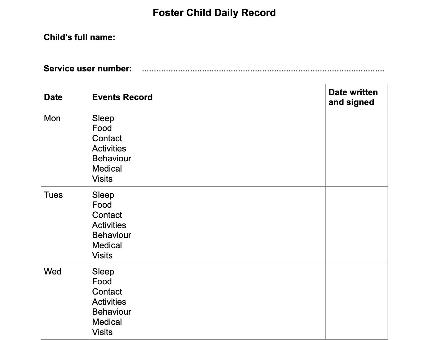 Foster Care Daily Diary Template Foster Carer Daily Journal - Etsy