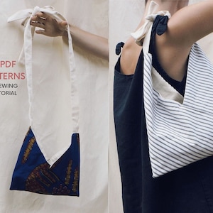 May include: Two PDF patterns and a sewing tutorial for a triangular tote bag. The bag is shown in two different fabrics, one with a blue and gold print and the other with white and black stripes.