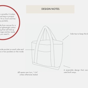 Peut inclure: Dessin au trait d'un sac fourre-tout avec deux anses, des liens lat&eacute;raux et des poches. Le sac est r&eacute;versible et peut &ecirc;tre utilis&eacute; des deux c&ocirc;t&eacute;s. Toutes les coutures mesurent 1 cm / 0,4 pouce, sauf indication contraire.