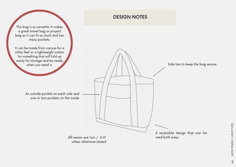 Peut inclure: Dessin au trait d'un sac fourre-tout avec deux anses, des liens lat&eacute;raux et des poches. Le sac est r&eacute;versible et peut &ecirc;tre utilis&eacute; des deux c&ocirc;t&eacute;s. Toutes les coutures mesurent 1 cm / 0,4 pouce, sauf indication contraire.