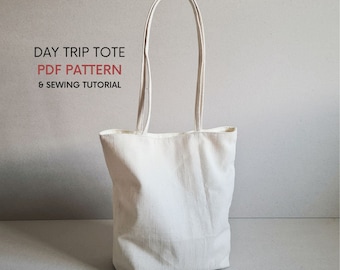 Day Trip Tote Bag | PDF Sewing Patterns & Tutorial | Everyday Bag | Long Handle Square Base | Classic Tote Bag | Simple Easy Lined Tote