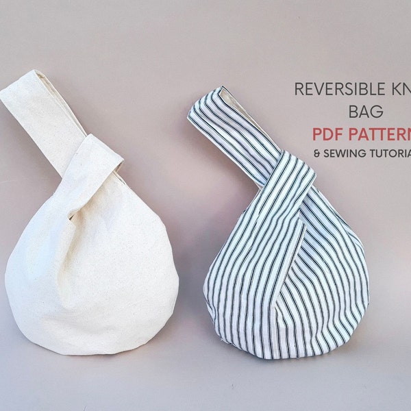 Reversible Japanese Knot Bag | PDF Sewing Pattern with Tutorial | Medium Size | Fun Easy Sewing Project | Wrist Bag Pattern | Round Knot Bag