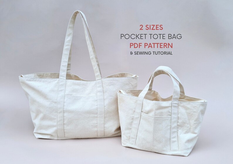 Peut inclure: Deux sacs cabas en toile beige avec des poches. Le plus grand sac est &agrave; gauche et le plus petit sac est &agrave; droite. Le texte sur l'image est "2 SIZES POCKET TOTE BAG PDF PATTERN & SEWING TUTORIAL".