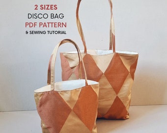 Small and Large Disco Bag | PDF Sewing Patterns & Tutorial | Party | Long Handle Square Base | Classic Everyday Tote Bag | Simple Easy Shape