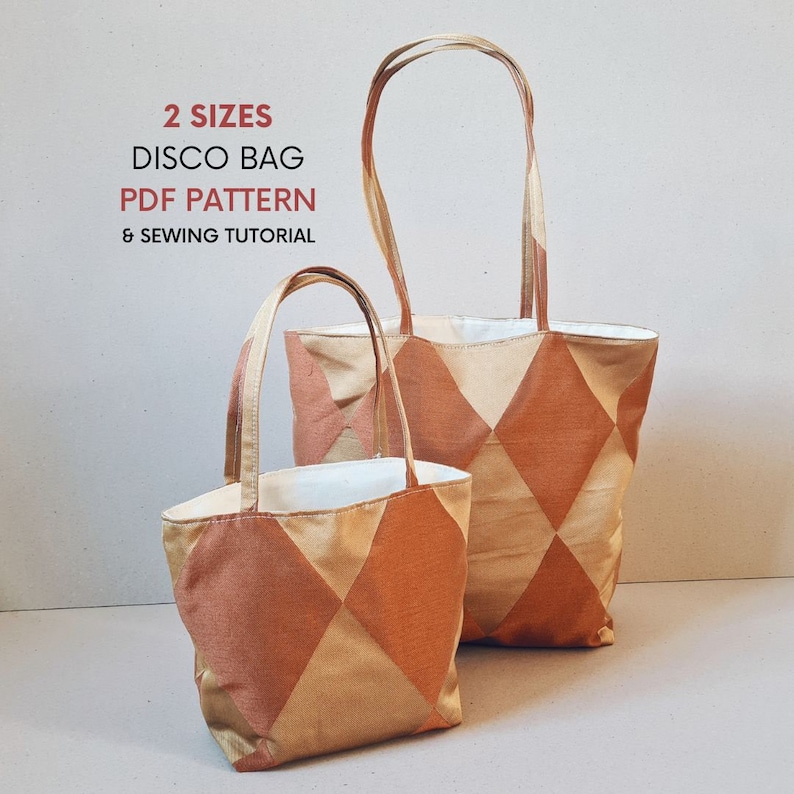 Small and Large Disco Bag PDF Sewing Patterns & Tutorial Party Long Handle Square Base Classic Everyday Tote Bag Simple Easy Shape image 1