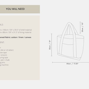 Puede incluir: Un dibujo en blanco y negro de un bolso de mano con medidas en pulgadas y cent&iacute;metros. El bolso de mano tiene dos asas y una forma rectangular. El texto "YOU WILL NEED" est&aacute; en la parte superior de la imagen. El texto "MATERIALS" y "EQUIPMENT" est&aacute;n listados debajo de la imagen del bolso de mano.