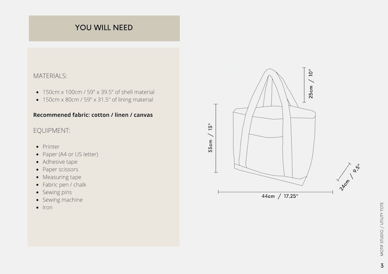 Puede incluir: Un dibujo en blanco y negro de un bolso de mano con medidas en pulgadas y cent&iacute;metros. El bolso de mano tiene dos asas y una forma rectangular. El texto "YOU WILL NEED" est&aacute; en la parte superior de la imagen. El texto "MATERIALS" y "EQUIPMENT" est&aacute;n listados debajo de la imagen del bolso de mano.