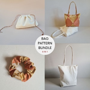 May include: A set of eight bag patterns, including a tote bag, a drawstring bag, and a scrunchie. The patterns are all in a neutral color palette of beige and brown.
