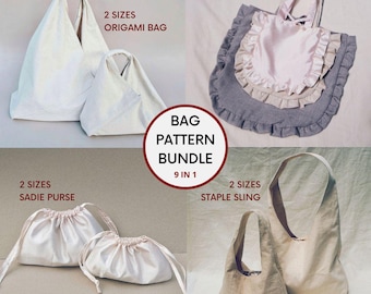 9 in 1 | Bag Pattern Bundle | PDF Sewing Patterns with Tutorial | Origami Bag | Ruffle Tote | Sadie Purse | Staple Sling | Easy Beginner