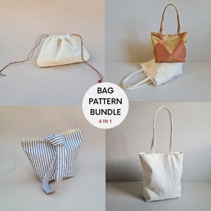May include: A set of six different bag patterns. The patterns include a drawstring bag, a tote bag, a striped tote bag, and a tote bag with a geometric pattern. The text "BAG PATTERN BUNDLE 6 IN 1" is displayed in the center of the image.