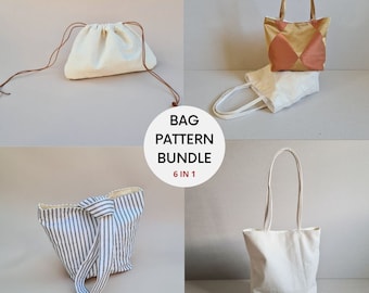 Op de afbeelding: Een set van zes verschillende taspatronen. De patronen omvatten een trekkoordtas, een tote bag, een gestreepte tote bag en een tote bag met een geometrisch patroon. De tekst "BAG PATTERN BUNDLE 6 IN 1" wordt in het midden van de afbeelding weergegeven.