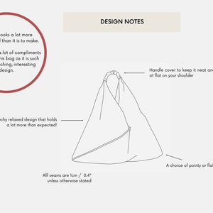 May include: Line drawing of a slouchy tote bag with a handle cover. The bag has a relaxed design and can be made with pointy or flat corners. All seams are 1 cm or 0.4 inches unless otherwise stated.