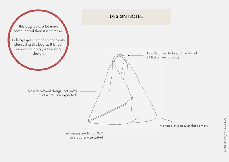 May include: Line drawing of a slouchy tote bag with a handle cover. The bag has a relaxed design and can be made with pointy or flat corners. All seams are 1 cm or 0.4 inches unless otherwise stated.
