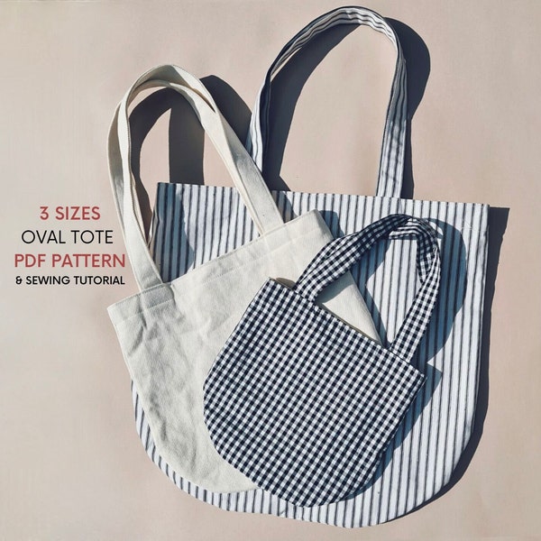 3 Sizes Oval Tote Bag | PDF Sewing Patterns with Tutorial | Small Medium & Large | Round Bottom Tote with Inside Pockets | Classic Easy Bag