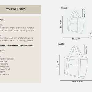 Peut inclure: Un sch&eacute;ma montrant les mat&eacute;riaux et l'&eacute;quipement n&eacute;cessaires &agrave; la fabrication d'un sac fourre-tout. Le sch&eacute;ma comprend des mesures en pouces et en centim&egrave;tres pour un sac fourre-tout petit et grand.
