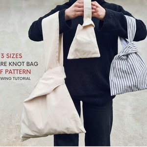 Drei Größen von Square Knot Bag | PDF Schnittmuster und Anleitung | Süße japanische Knotentasche | Klein, Mittel & Groß | Spaß einfaches Nähprojekt