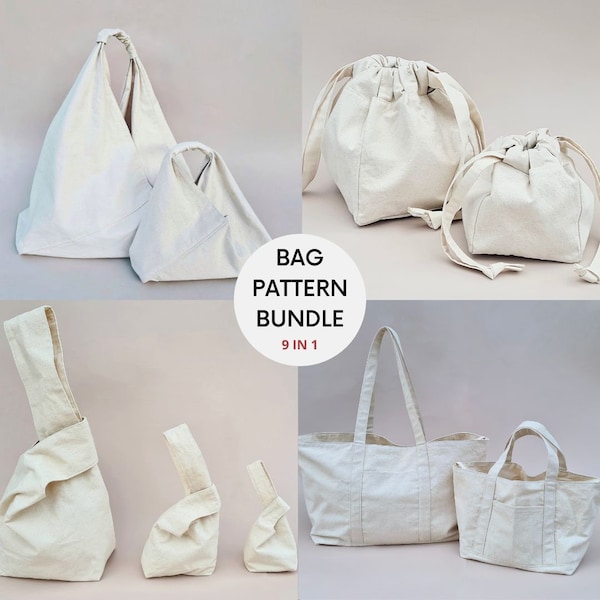 9 en 1 | Lot de motifs de sac | Patrons de couture PDF avec tutoriel | Sac Origami | Noeud japonais carré | fourre-tout utilitaire | Seau à boulettes