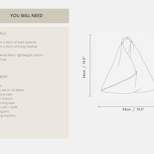 May include: A black and white line drawing of a tote bag with a 13.5 inch by 34 inch measurement. The text "YOU WILL NEED" is at the top of the image. The text "MATERIALS" and "EQUIPMENT" are listed below with a list of materials and equipment needed to make the bag.