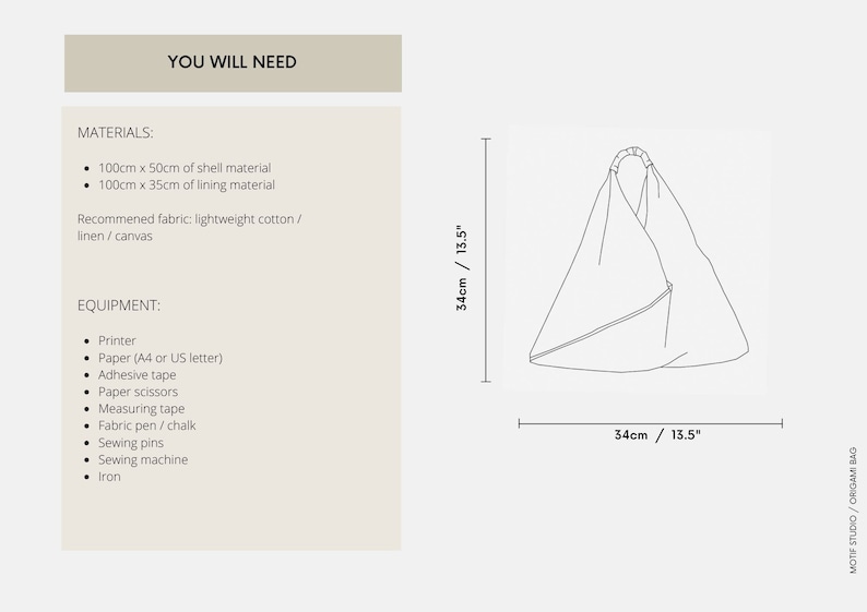 May include: A black and white line drawing of a tote bag with a 13.5 inch by 34 inch measurement. The text "YOU WILL NEED" is at the top of the image. The text "MATERIALS" and "EQUIPMENT" are listed below with a list of materials and equipment needed to make the bag.