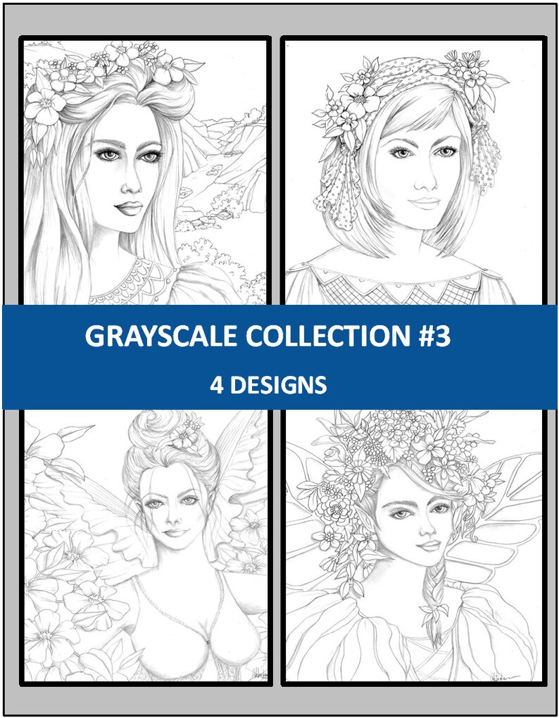 Printable Wall Art Cardmaking Colouring Grayscale Coloring Page Collection 3 Fairies Art Collectibles Digital Vadel Com
