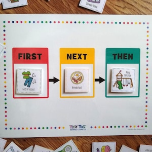 Primero, siguiente, luego tablero de transición (incluye 72 tarjetas de rutina y actividad), gráfico de secuencia primero / siguiente / luego, gráfico de tareas de expectativas de los niños