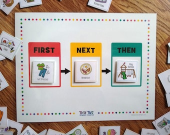 May include: A colorful visual chart with three sections labeled "FIRST", "NEXT", and "THEN". Each section has a picture card with an activity: "Get Dressed", "Breakfast", and "Play Outside".