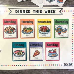 May include: A colorful chart with the days of the week and pictures of different meals for each day. The chart says "Dinner This Week" at the top.