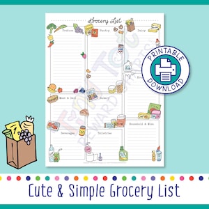 以下が含まれることがあります： かわいいシンプルなデザインの印刷可能な買い物リストテンプレート。リストは、農産物、乳製品、肉とデリ、ベーカリー、飲料、トイレタリー、家庭用品など、さまざまなカテゴリに分けられています。各カテゴリには、小さな漫画の画像が描かれています。