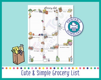 Könnte beinhalten: Eine druckbare Einkaufsliste mit einem niedlichen und einfachen Design. Die Liste ist in Kategorien wie Obst und Gemüse, Milchprodukte, Fleisch und Wurstwaren, Bäckerei, Getränke, Toilettenartikel, Haushaltswaren und Sonstiges unterteilt. Jede Kategorie ist mit einem kleinen Cartoon-Bild illustriert.