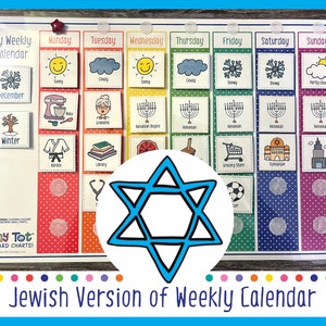 May include: A colorful weekly calendar with a Star of David in the center. The calendar has days of the week, weather icons, and activities for each day. The calendar is designed for Jewish families and includes activities like Hanukkah, synagogue, and grocery store.
