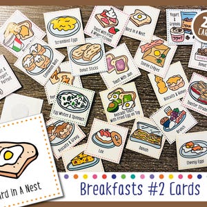 May include: A collection of 24 breakfast-themed flashcards. Each card features a colorful illustration of a breakfast food item, such as toast with jam, scrambled eggs, and yogurt parfait. The cards are labeled with the name of each food item.