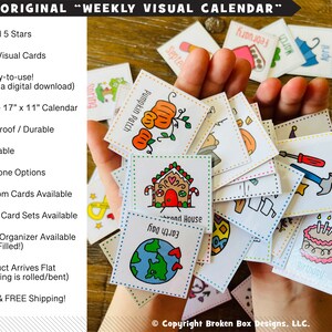 May include: A hand holds a variety of colorful cards with illustrations of different themes, including a pumpkin patch, a gingerbread house, a birthday cake, and a toolbox. The cards are part of a weekly visual calendar, which is a learning tool for children. The calendar is 17 inches by 11 inches and is made of durable material. It is ready-to-use and includes 336 visual cards.