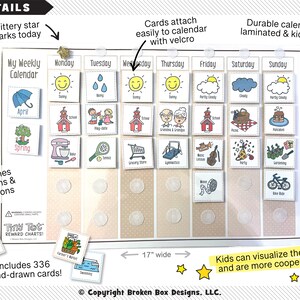 May include: A colorful laminated calendar with a weekly layout, featuring a glittery star, a weather icon for each day, and a variety of activities. The calendar is 17 inches wide and 11 inches high. It includes 336 hand-drawn cards and teaches months and seasons.