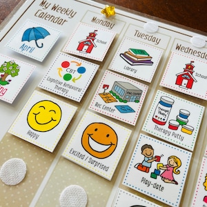 May include: A weekly calendar with colorful visual aids for different activities and events. The calendar includes images for school, library, therapy putty, play-dates, and more. The calendar is labeled with the days of the week and the month of April.