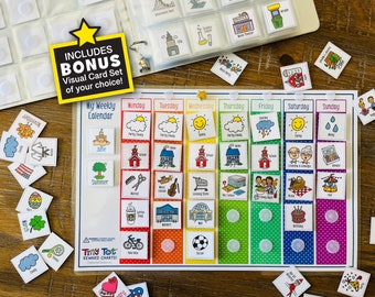 May include: A colorful weekly calendar chart with a rainbow background and polka dots. The chart includes days of the week, a space for a picture of the day, and a space for a sticker. The chart also includes the words "My Weekly Calendar" and "Tiny Tot Reward Charts".